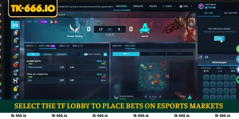Select the TF lobby to place bets on esports markets